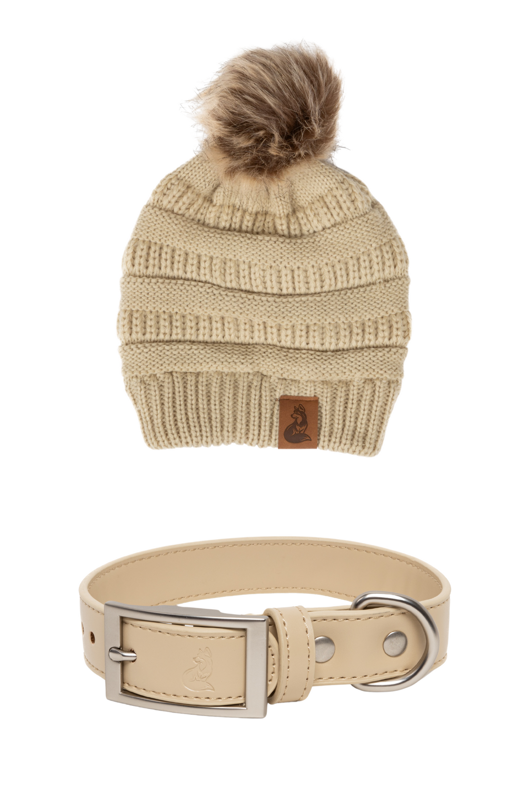 Beige Knit Hat with Pom and Vegan Leather Dog Collar Matching Set - Aria the Fox