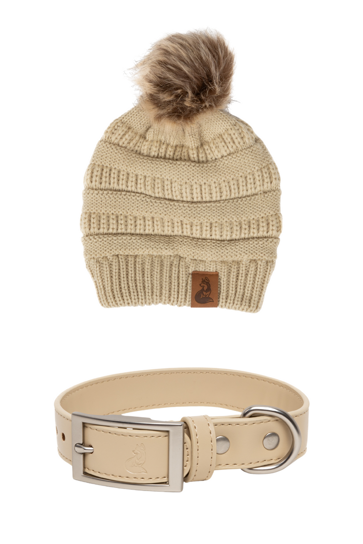 Beige Knit Hat with Pom and Vegan Leather Dog Collar Matching Set - Aria the Fox