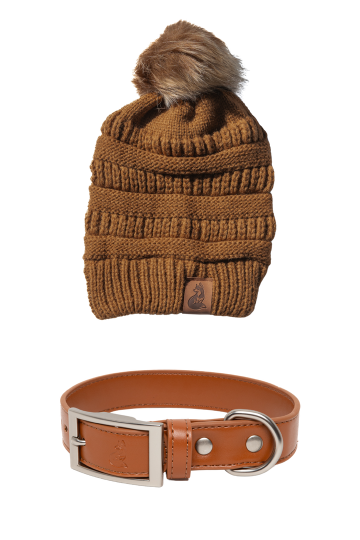 Brown Knit Hat with Pom and Vegan Leather Dog Collar Matching Set - Aria the Fox