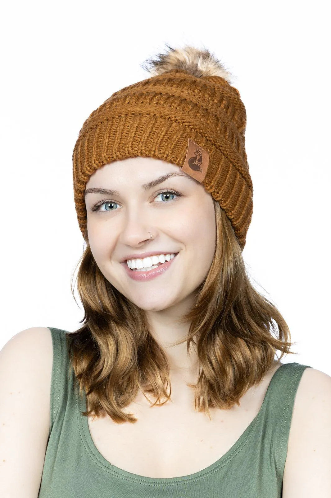 Shop Stylish Brown Ribbed Knit Hats with Pom at Aria the Fox display picture 1